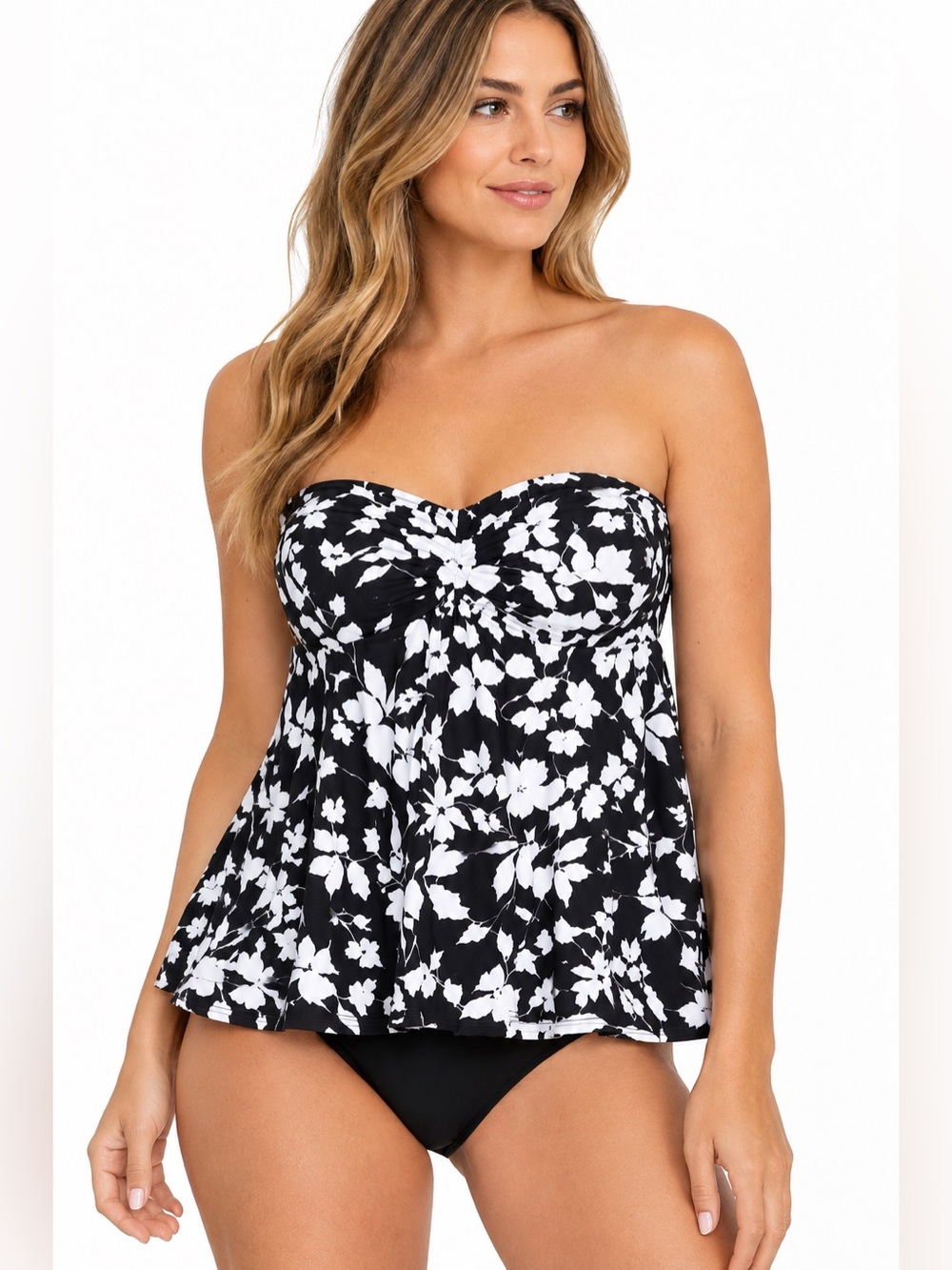 NWT Swim Solutions Floral Flyaway Tankini Top Black White Size 10